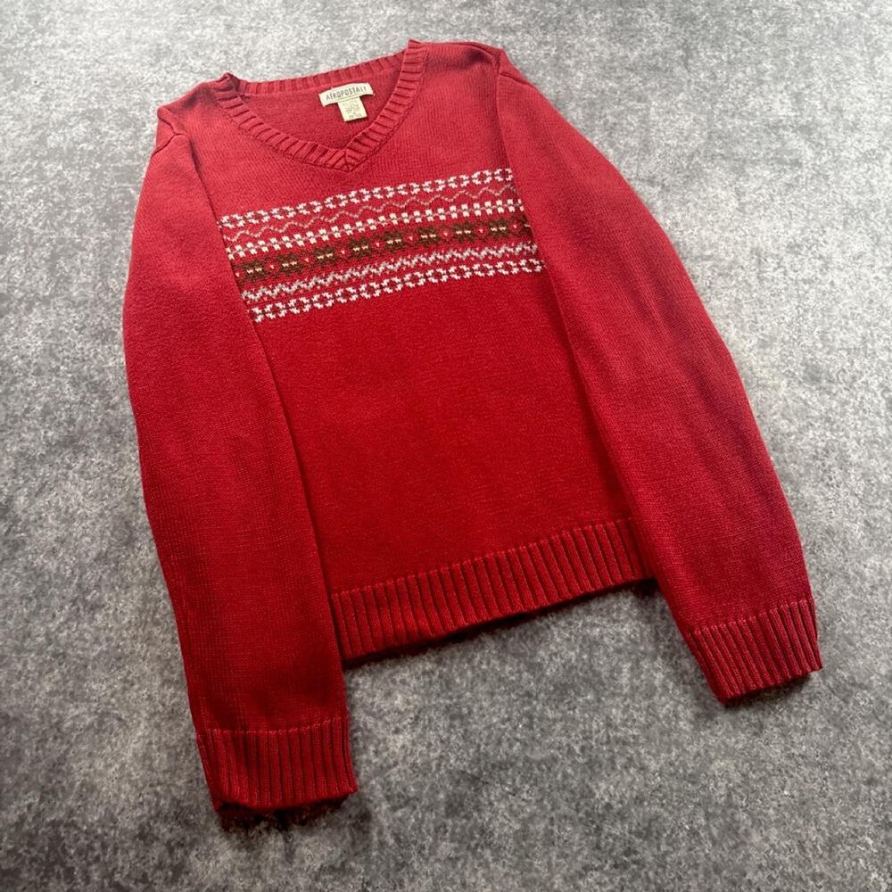 Vintage 90s Aeropostale Women’s M Red Fair Isle Ramie Cotton V-Neck Sweater Y2K